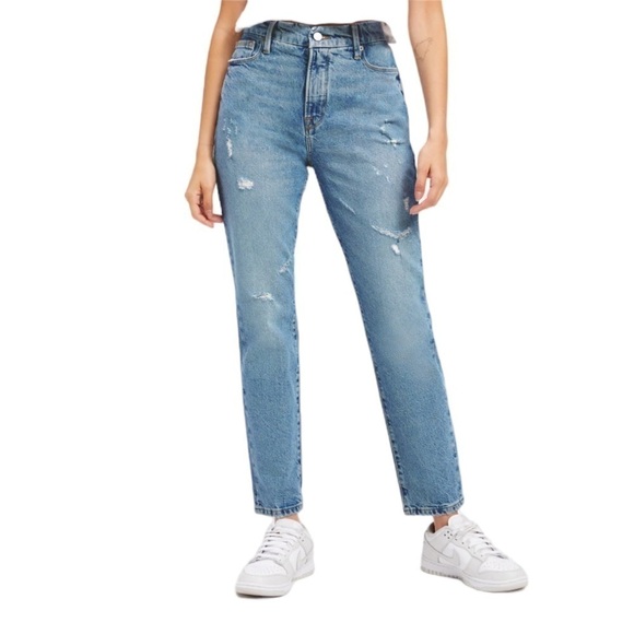 Good American - NWT Good Classic Blue Slight Distressed Straight Leg Jeans Sz 8 - Picture 1 of 12